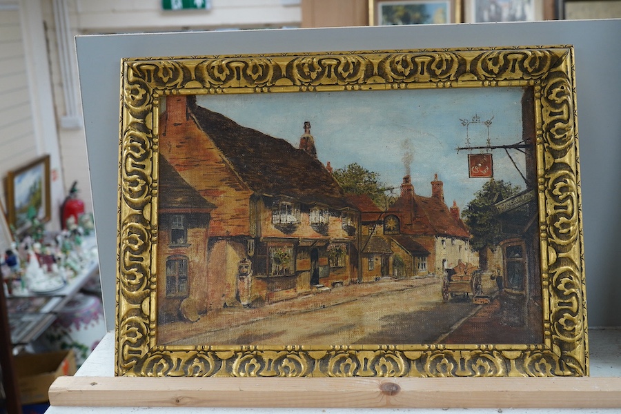 Early 20th century, English School, oil on board, ‘Alfriston street scene’, 25 x 38cm, ornate gilt framed. Condition - fair